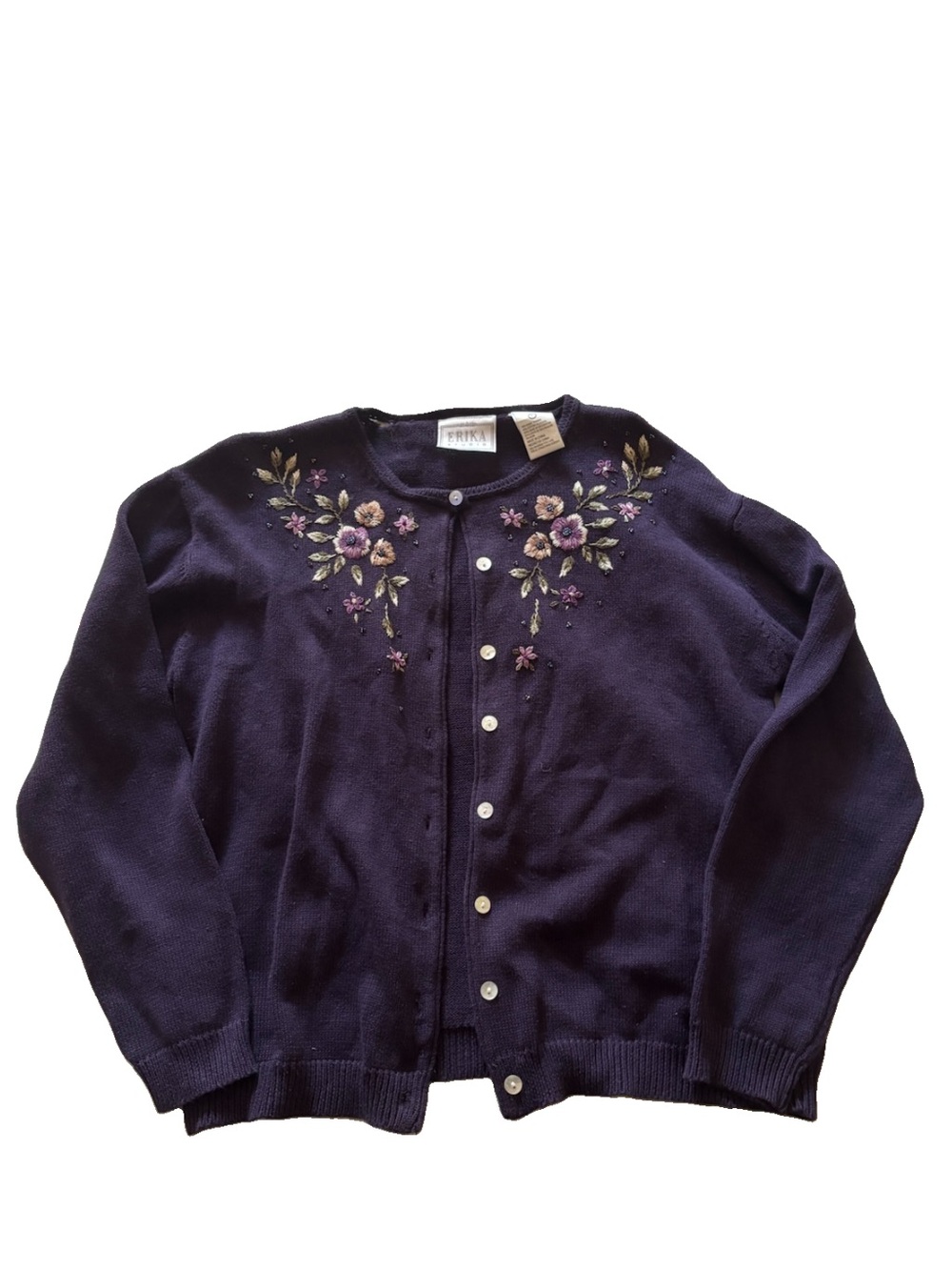 Vintage Erika Studio Embroidered Floral Crew Cardigan in Deep Navy